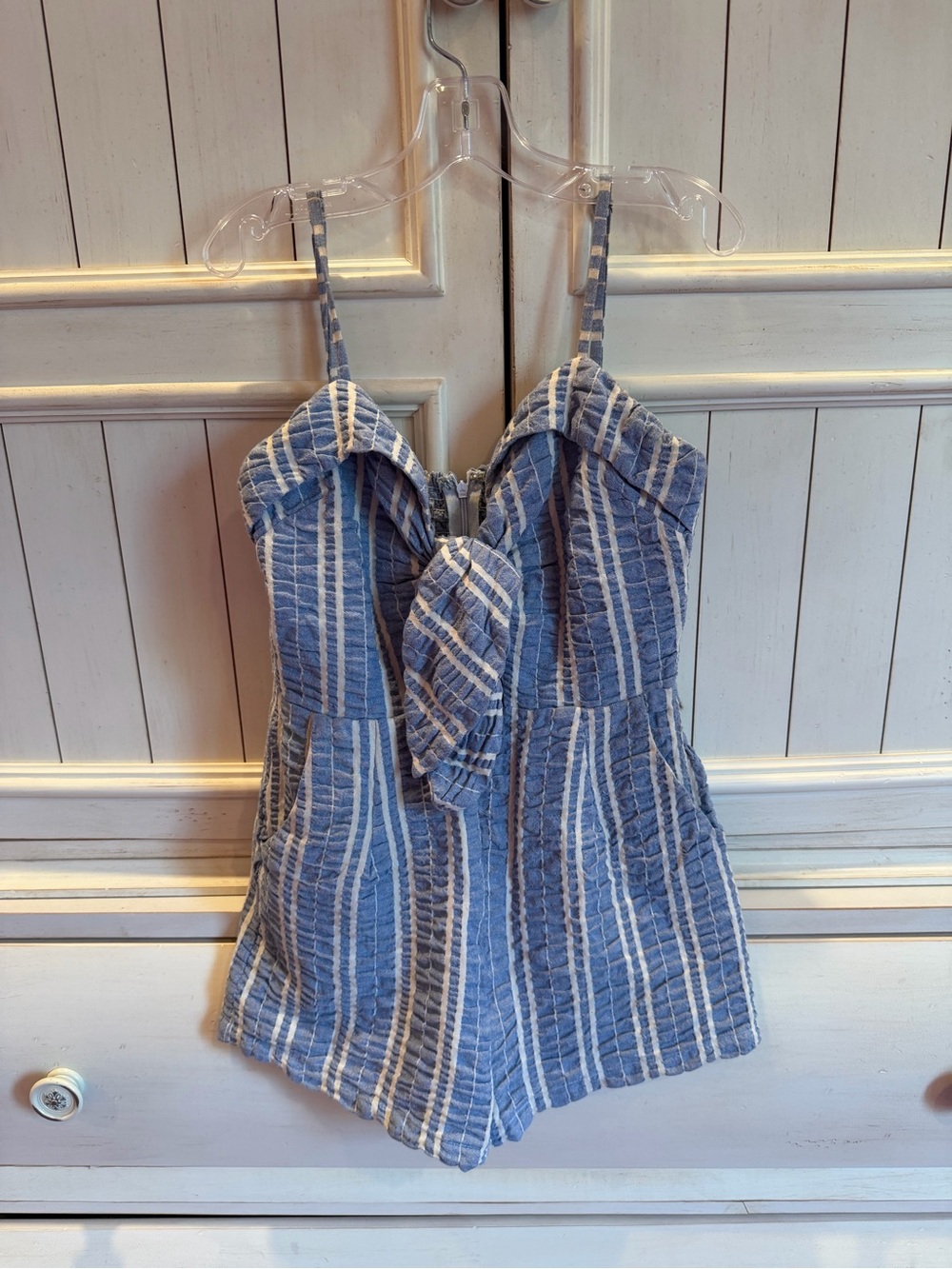 Wander Blue and White Striped Tie-Front Cami Romper